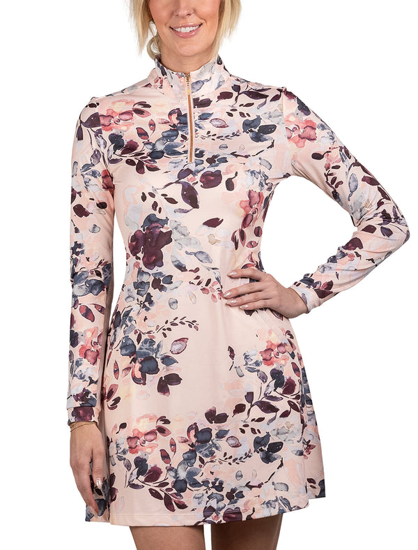 Long Sleeve Pearl Blush Watercolor Floral Active Dress With Rose Gold 1/4 Zip