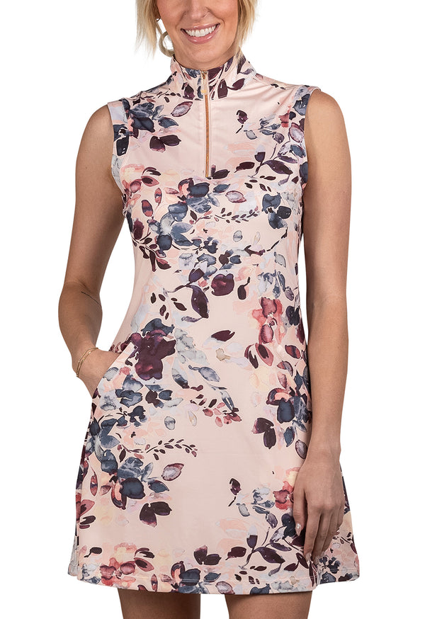 Sleeveless Pearl Blush Watercolor Floral Active Dress With Rose Gold 1/4 Zip