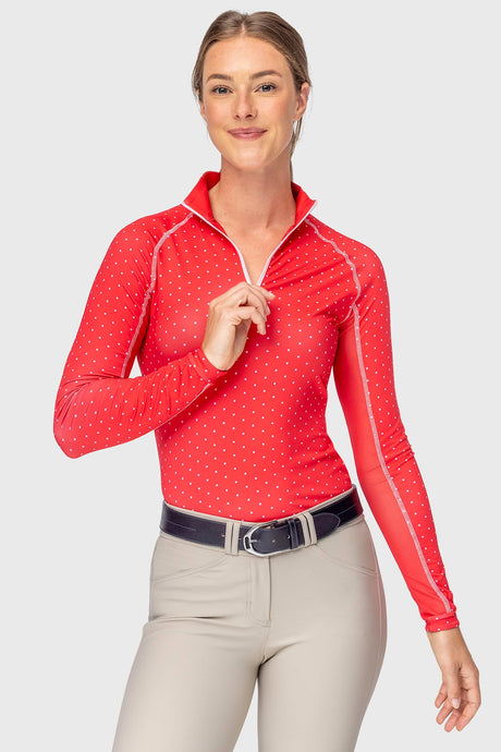 Red & Pink Swiss Dot W/ Contrast Zipper and Pink Stitching Long Sleeve 1/4 Zip Kastel Denmark US