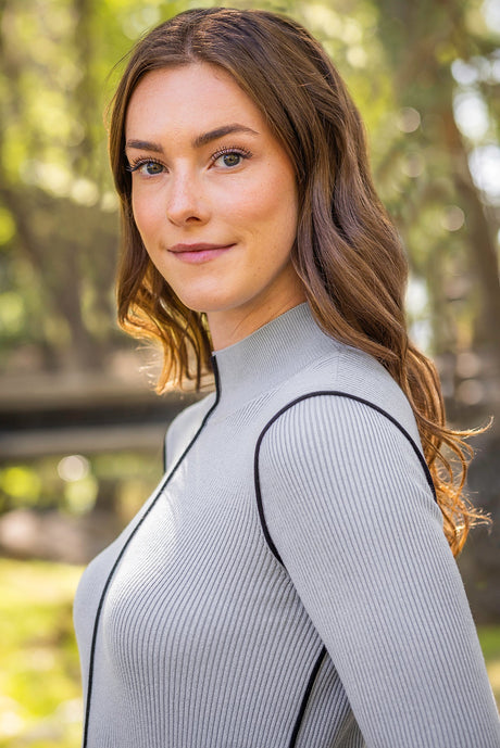 Dove Gray Ribbed Mock Neck Sweater with Black Piping Kastel Denmark