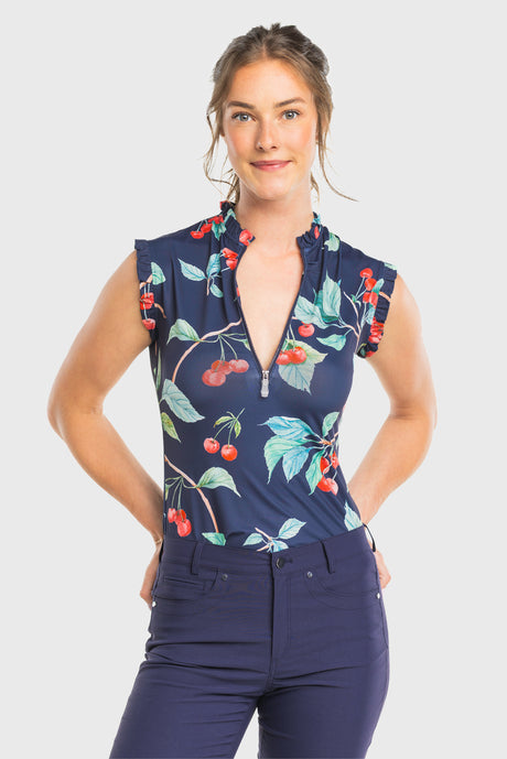Navy Cherries Ruffle Sleeveless 1/4 Zip Sun Top Kastel Denmark