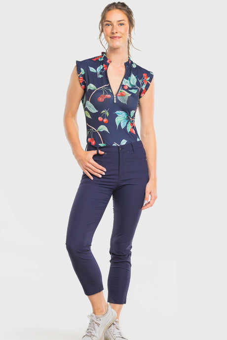 Navy Cherries Ruffle Sleeveless 1/4 Zip Sun Top Kastel Denmark