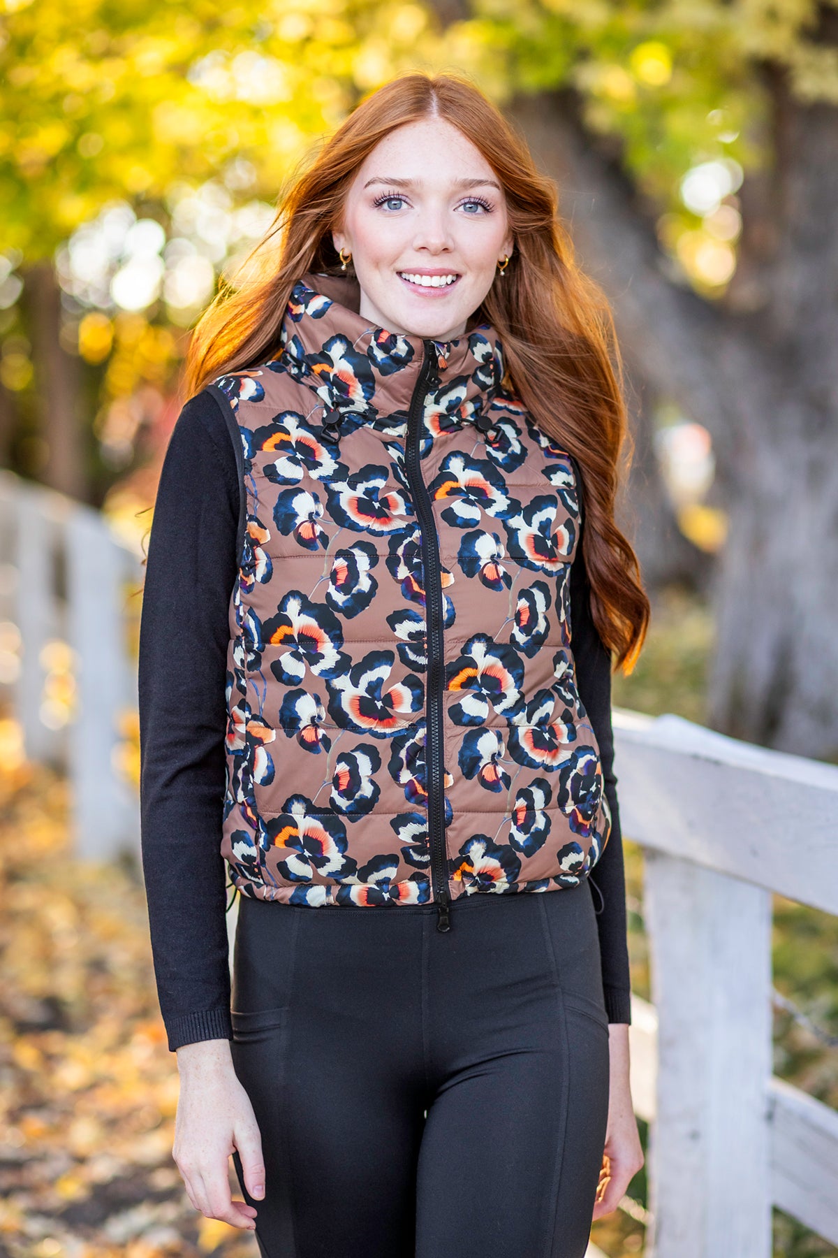 Chocolate Brown Pansies Reversible Puffer Vest w/Chocolate Brown Reverse Kastel Denmark US