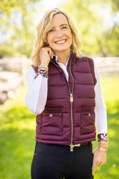 Oxblood Quilted Vest w/Knit Trim & Gold Zipper Kastel Denmark US