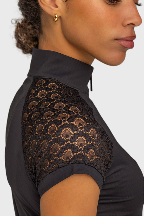 Black Scallop Lace Crystal Zip Cap Sleeve 1/4 Zip Sun Shirt Kastel Denmark