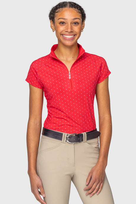 Red & Pink Swiss Dot Cap Sleeve 1/4 Zip Sun Shirt Kastel Denmark US