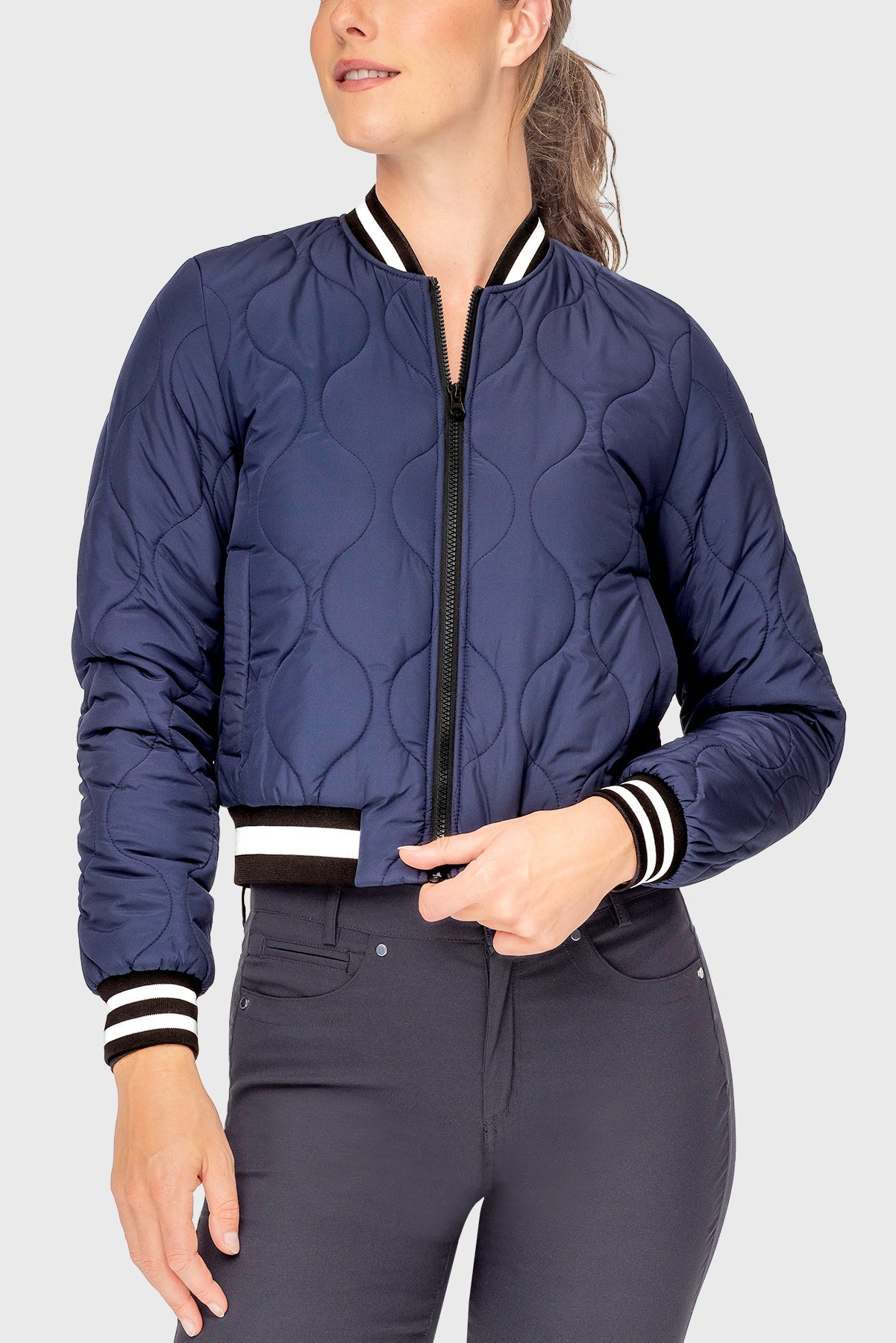 Navy Quilted Sporty Trim Full Zip Bomber Jacket Kastel Denmark