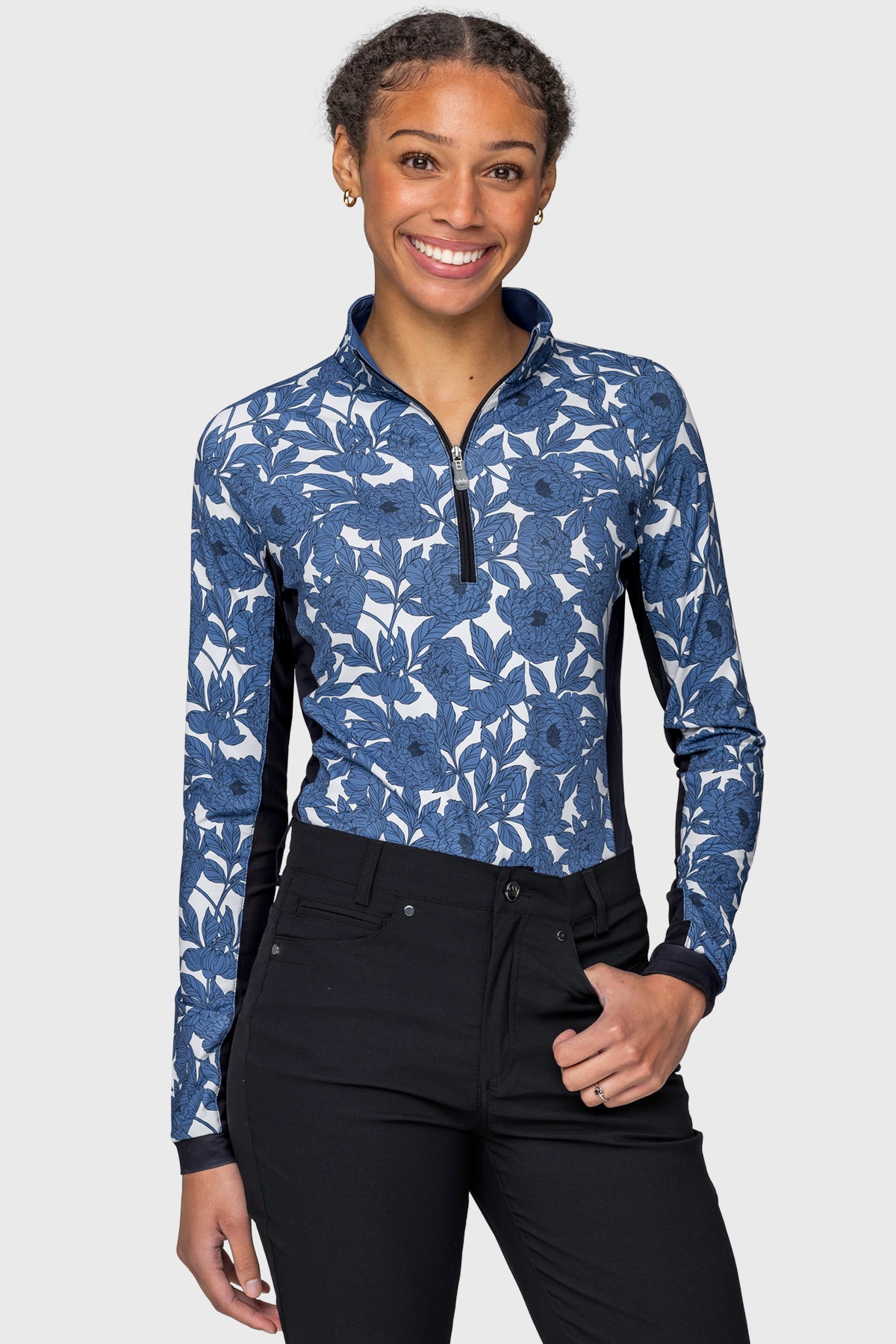 Pacific Blue Wild Rose W/ Black Panels Long Sleeve 1/4 Zip Sun Shirt Kastel Denmark