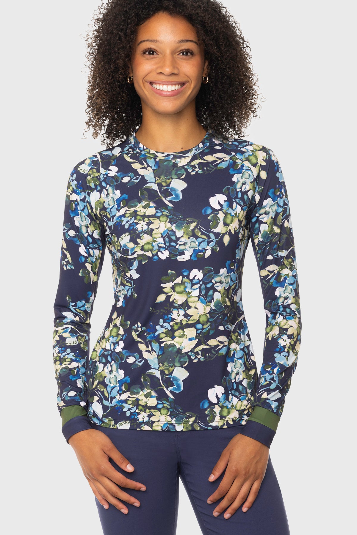 Navy Watercolor Floral w/ Striped Cuffs Long Sleeve Crewneck Sun Shirt Kastel Denmark US