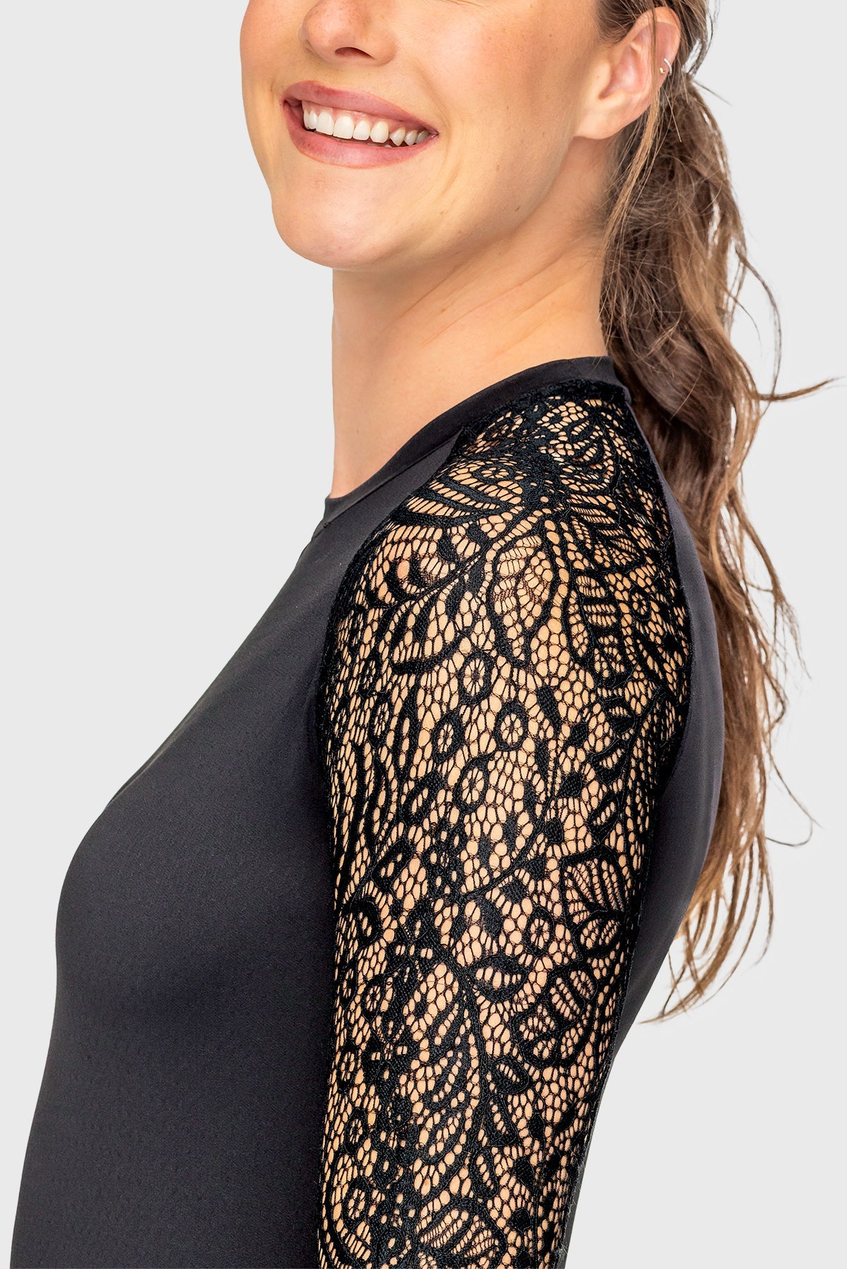 Black Floral Lace Long Sleeve Raglan Crewneck Sun Shirt Kastel Denmark