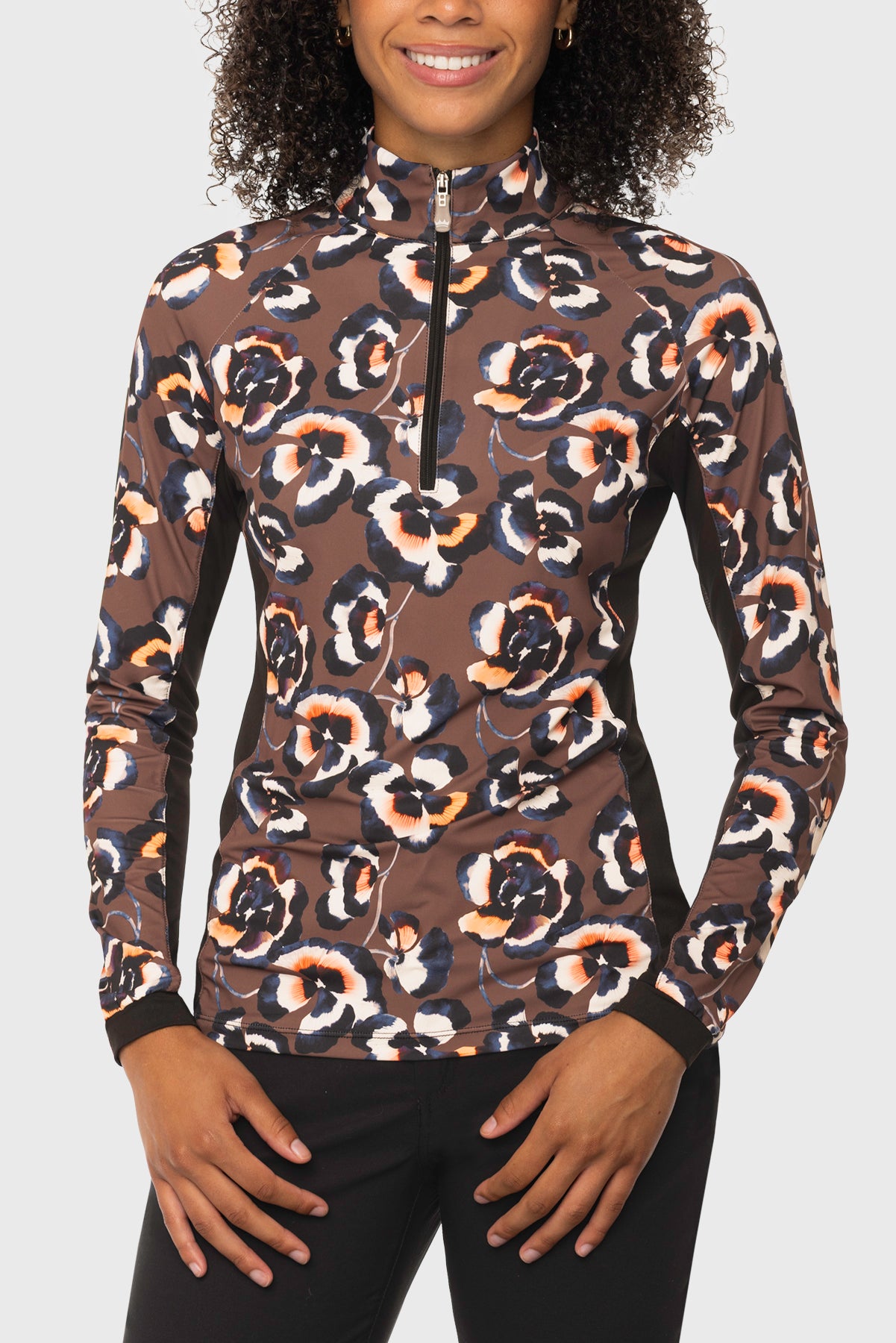 Chocolate Brown Pansies 1/4 Zip Long Sleeve Sun Shirt w/Side Panels Kastel Denmark US