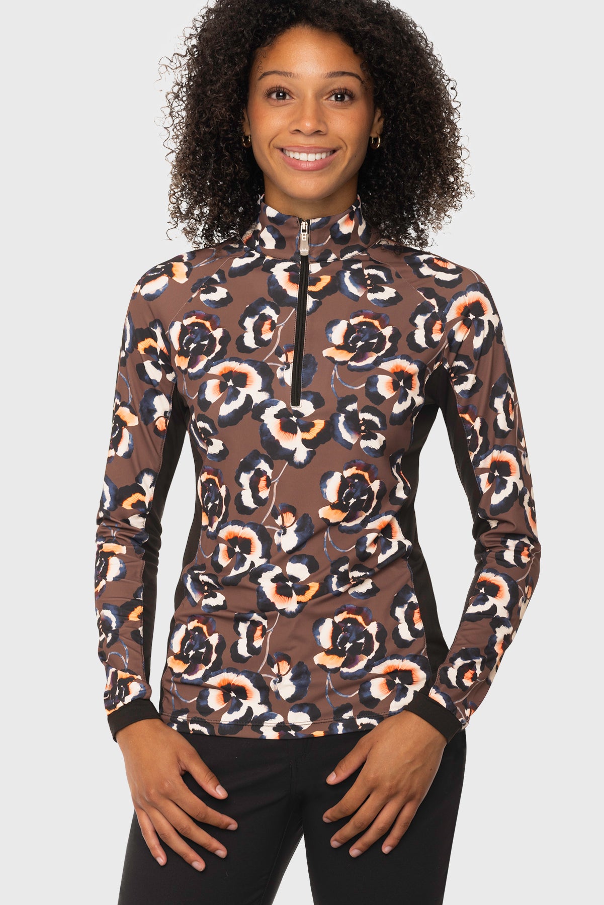 Chocolate Brown Pansies 1/4 Zip Long Sleeve Sun Shirt w/Side Panels Kastel Denmark US