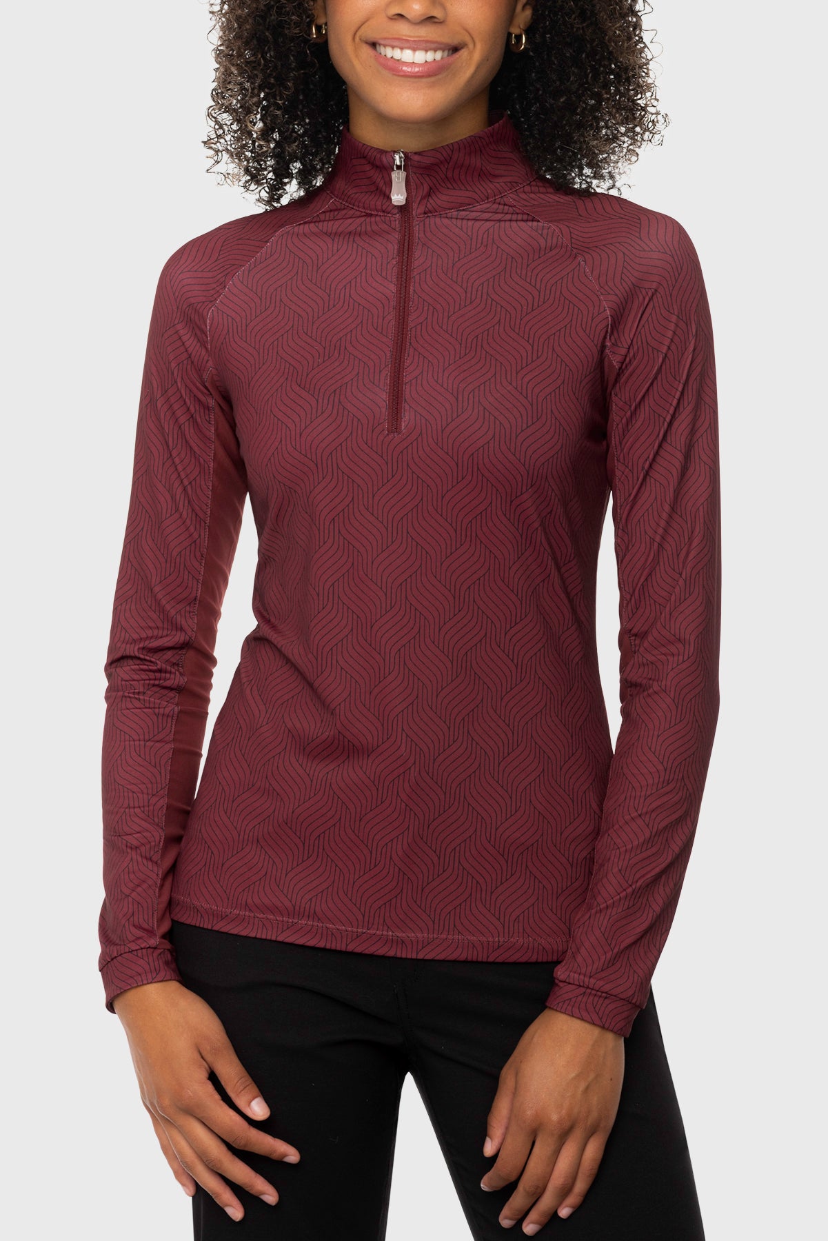 Oxblood Herringbone 1/4 Zip Long Sleeve Top w/Solid Stripe & Collar Kastel Denmark US