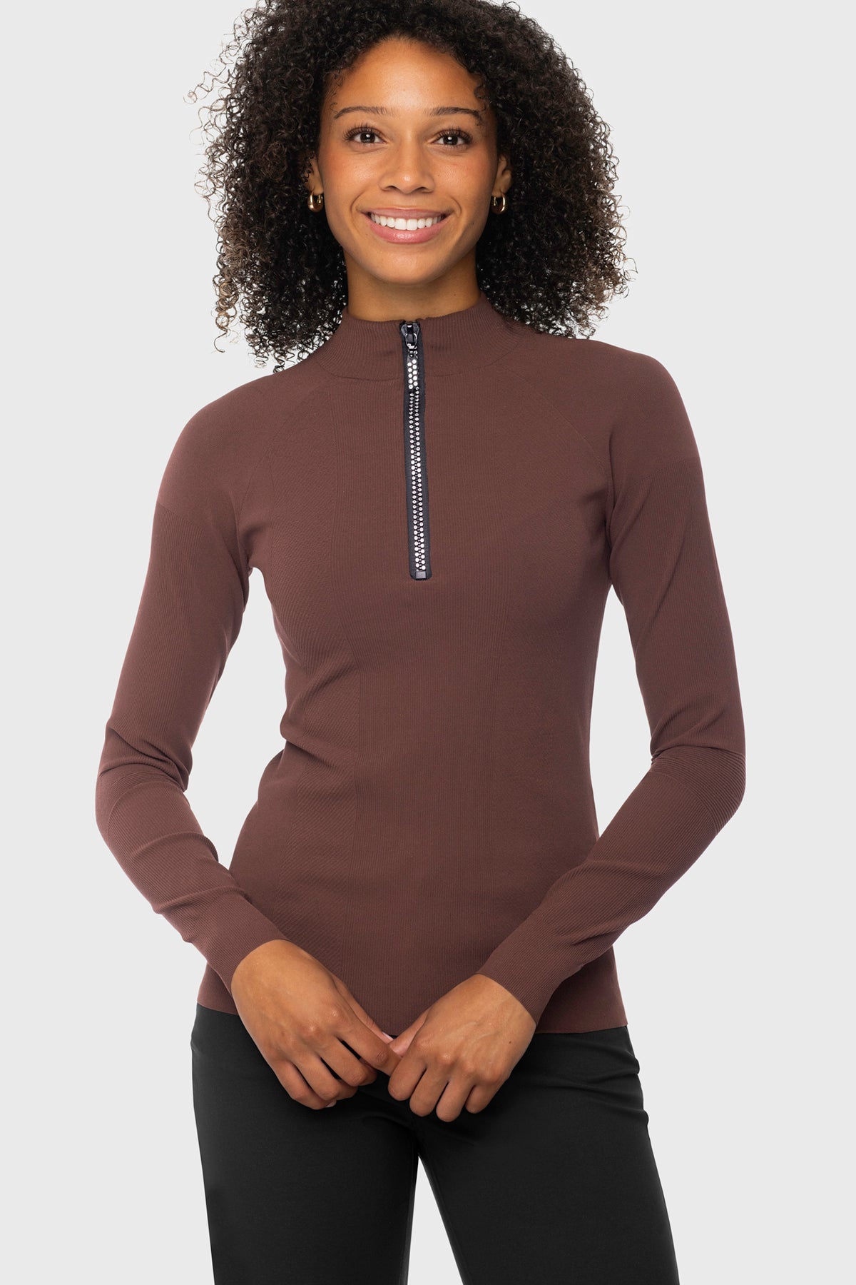 Deep Chocolate Brown Fully Fashioned Knit Sweater w/Crystal Zipper Kastel Denmark US