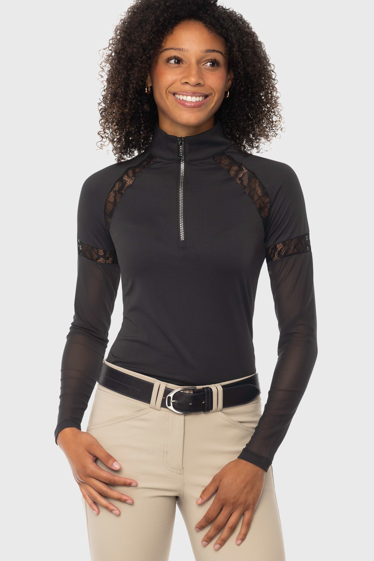 Black 1/4 Zip Long Sleeve Sun Shirt w/ Mesh Sleeves & Lace Insets Kastel Denmark US