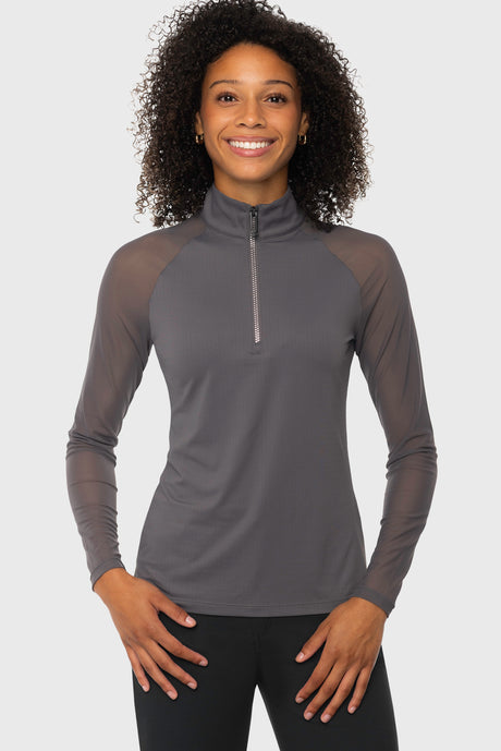 Slate 1/4 Zip Long Sleeve Sun Shirt w/Mesh Sleeves & Crystal Zipper Kastel Denmark US