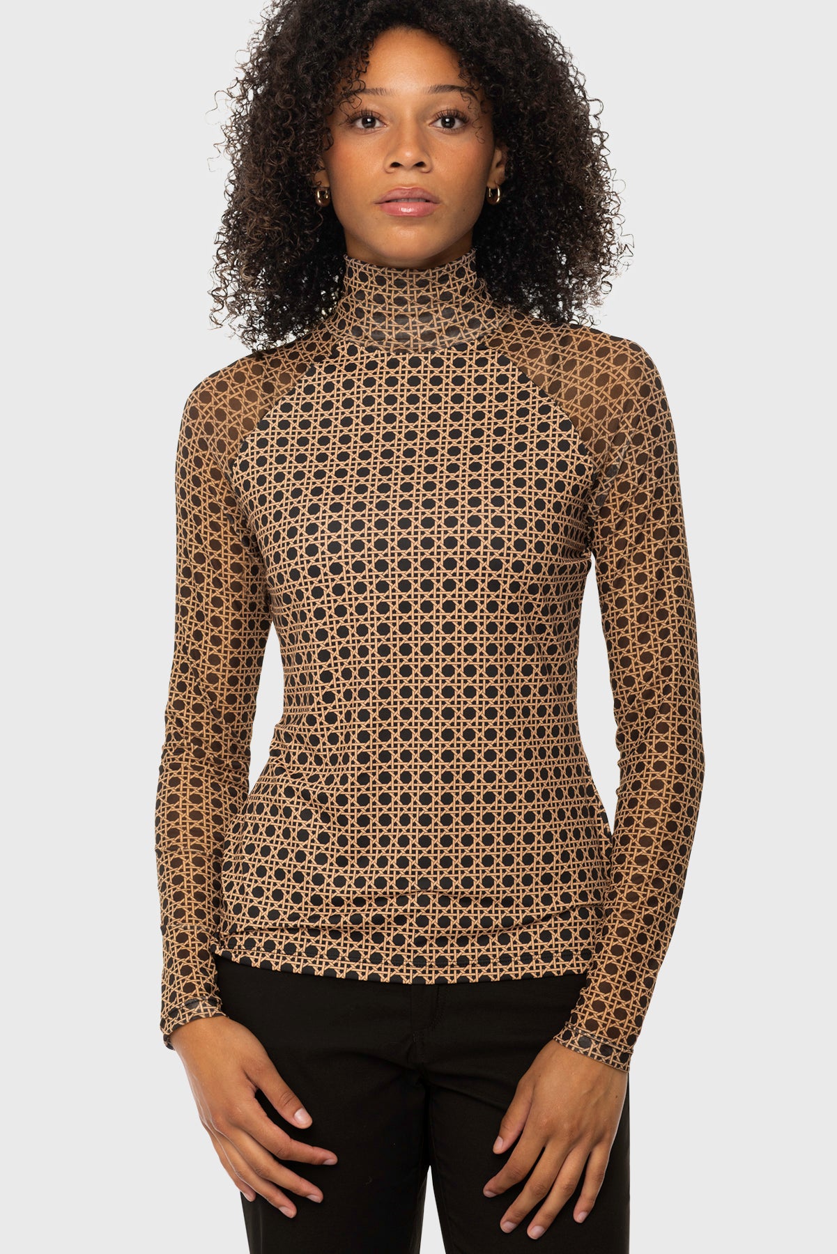 Camel Basketweave Mock Neck Long Sleeve Mesh Raglan Kastel Denmark US
