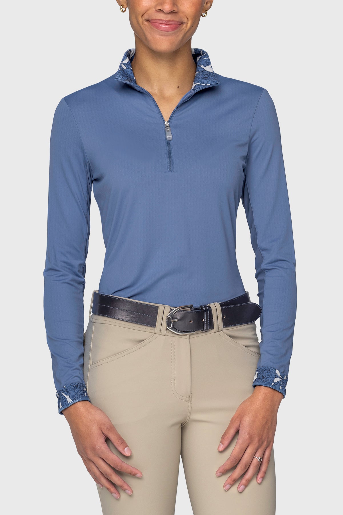Pacific Blue Solid W/ Pacific Blue Wild Rose Inner Print Long Sleeve 1/4 Zip Sun Shirt Kastel Denmark