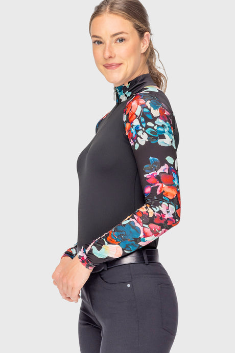 Black Watercolor Floral Long Sleeve Raglan 1/4 Zip Sun Shirt Kastel Denmark