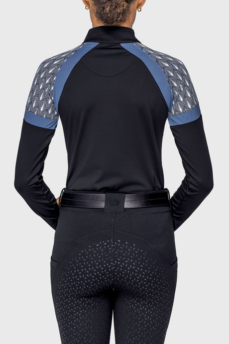 Black Solid W/ Black & White Deco Fans & Pacific Blue Panels Long Sleeve 1/4 Zip Sun Shirt Kastel Denmark