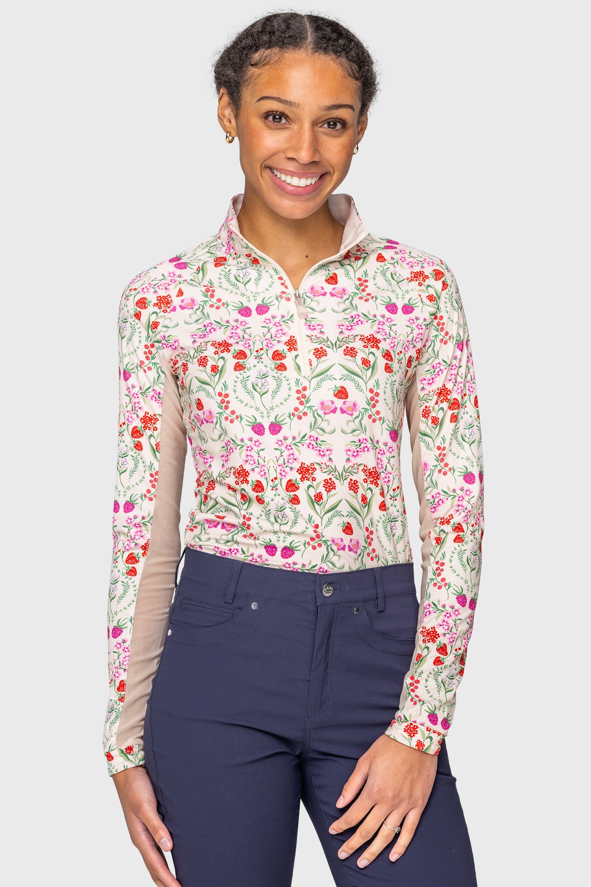 Red Scandinavian Berries Long Sleeve 1/4 Zip Sun Shirt Kastel Denmark US