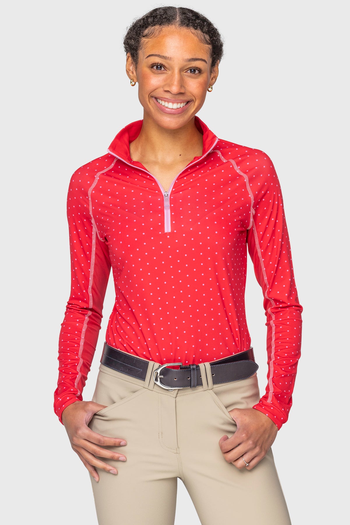 Red & Pink Swiss Dot w/ Contrast Pink Stitching and Zipper Long Sleeve 1/4 Zip Sun Shirt Kastel Denmark US