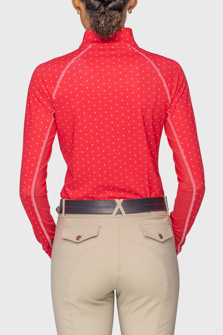 Red & Pink Swiss Dot w/ Contrast Pink Stitching and Zipper Long Sleeve 1/4 Zip Sun Shirt Kastel Denmark US