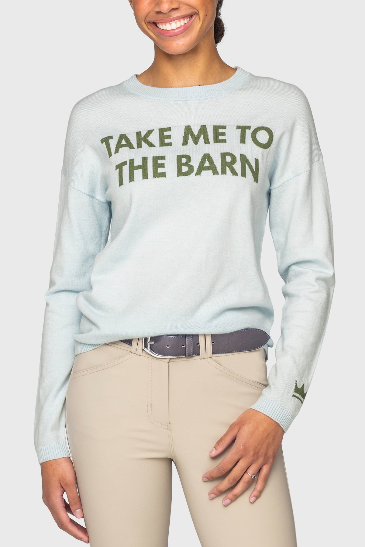 "Take Me To The Barn" Long Sleeve Crewneck Sweater in Powder Blue & Foliage Green Kastel Denmark