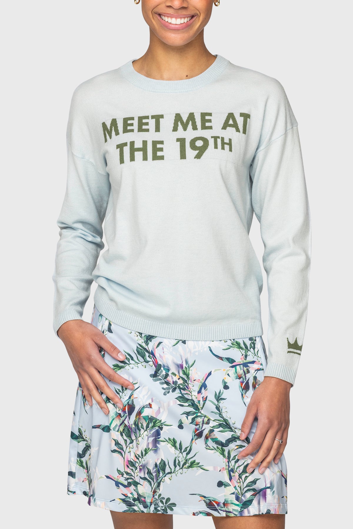 "Meet Me At The 19th" Long Sleeve Crewneck Sweater in Powder Blue & Foliage Green Kastel Denmark
