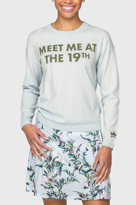 "Meet Me At The 19th" Long Sleeve Crewneck Sweater in Powder Blue & Foliage Green Kastel Denmark
