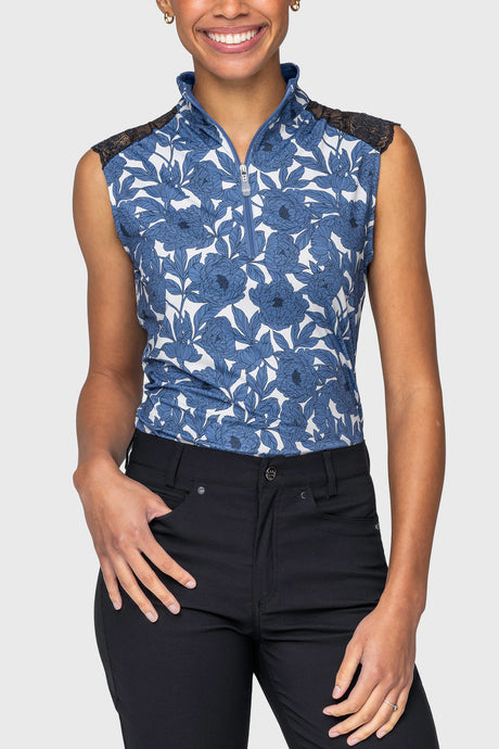 Pacific Blue Wild Rose Lace Shoulder Tank 1/4 Zip Sun Shirt Kastel Denmark