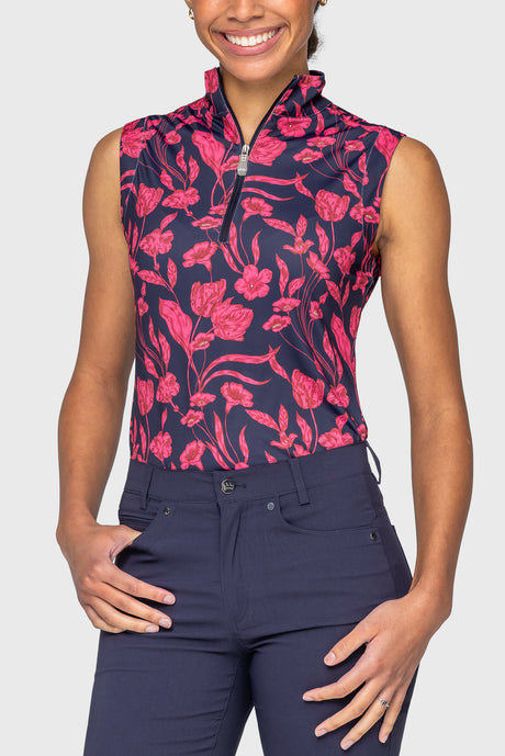 Hot Pink French Tulips Ruched Back Sleeveless 1/4 Zip Sun Shirt Kastel Denmark