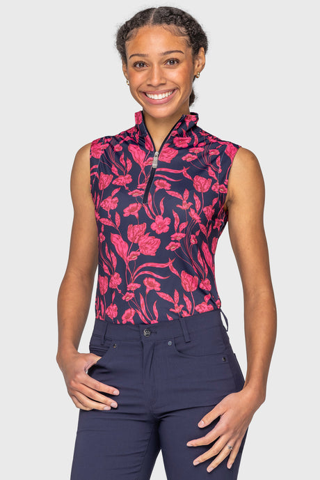 Hot Pink French Tulips Ruched Back Sleeveless 1/4 Zip Sun Shirt Kastel Denmark