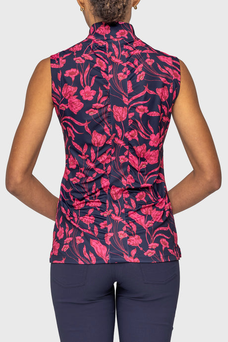 Hot Pink French Tulips Ruched Back Sleeveless 1/4 Zip Sun Shirt Kastel Denmark