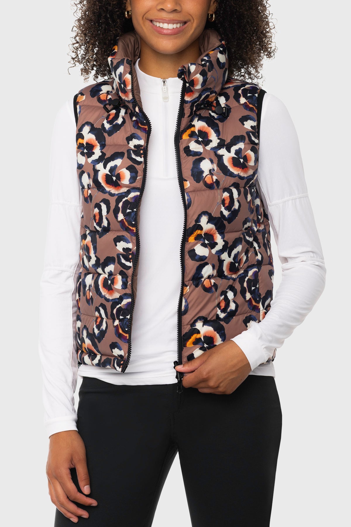 Chocolate Brown Pansies Reversible Puffer Vest w/Chocolate Brown Reverse Kastel Denmark US