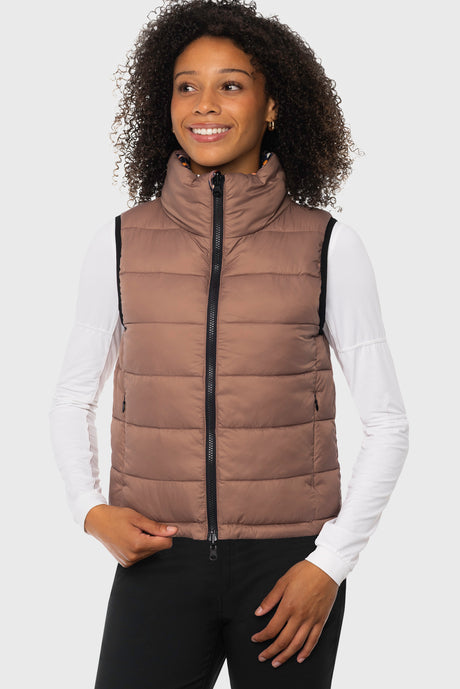 Chocolate Brown Pansies Reversible Puffer Vest w/Chocolate Brown Reverse Kastel Denmark US