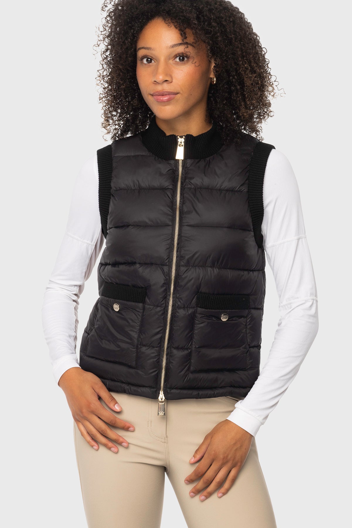 Black Quilted Vest w/Knit Trim & Gold Zipper Kastel Denmark US
