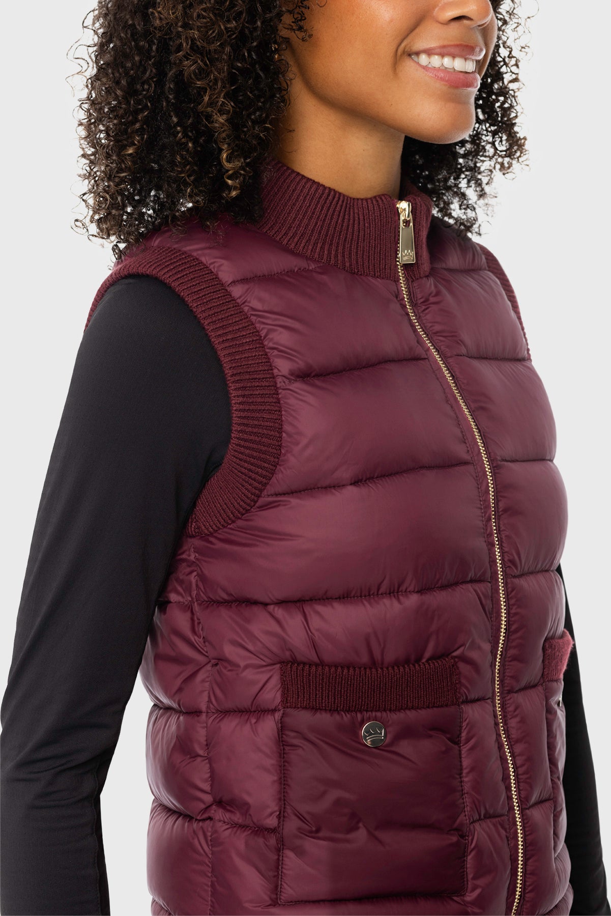 Oxblood Quilted Vest w/Knit Trim & Gold Zipper Kastel Denmark US