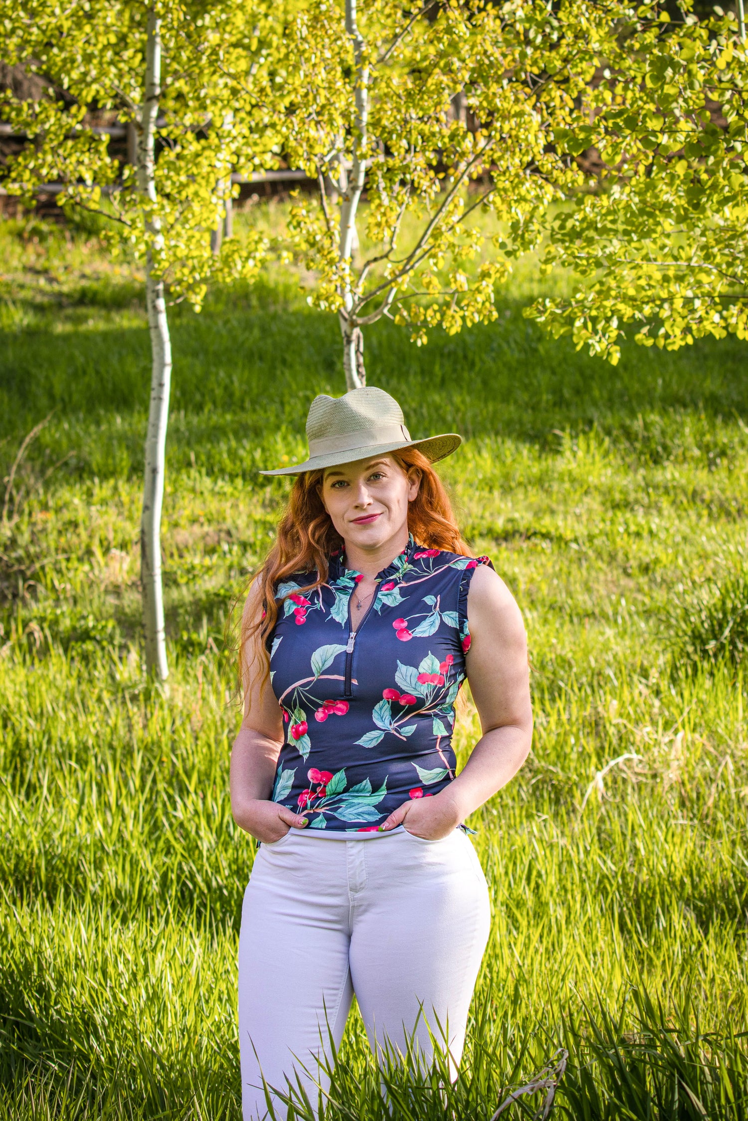 Navy Cherries Ruffle Sleeveless 1/4 Zip Sun Top - [Kastel]