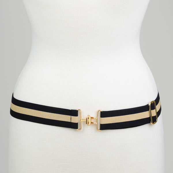 Black and Beige Striped Belt With Gold Buckle