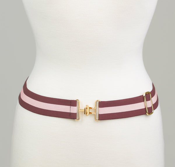 Burgundy and Blush Striped Belt With Gold Buckle