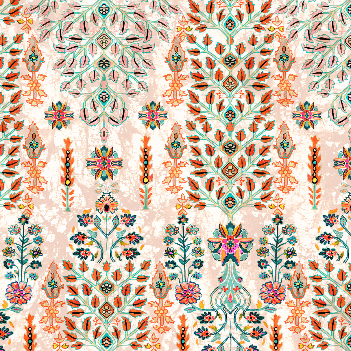 Coral Block Print Floral 1/4 Zip Long Sleeve Shirt - [Kastel]