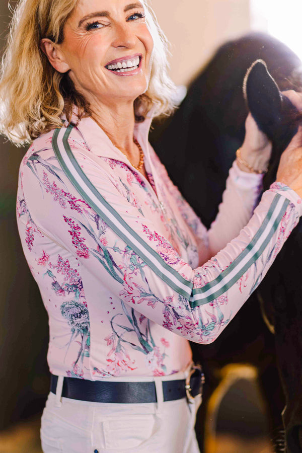 Pink Tea Garden 1/4 Zip Long Sleeve Shirt w/Striped Trim - [Kastel]