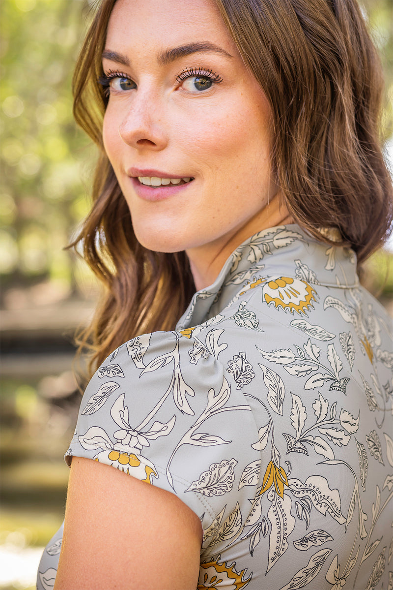 Dove Vintage Jacobean Cap Sleeve 1/4 Zip Sun Shirt