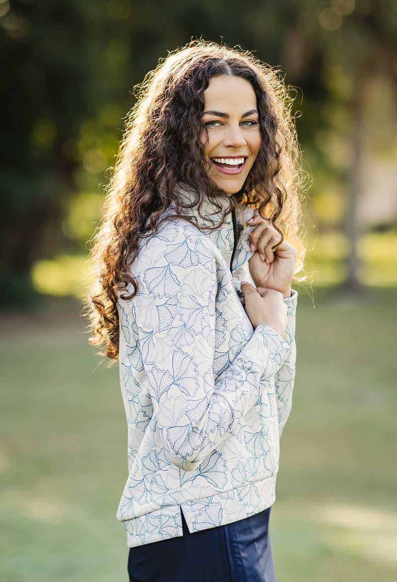 Chambray Blue Poppies ½ Zip Scuba Pullover