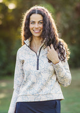 Chambray Blue Poppies ½ Zip Scuba Pullover