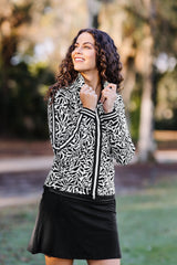 Black & White Climbing Vine Full Zip Track Jacket w/Striped Trim