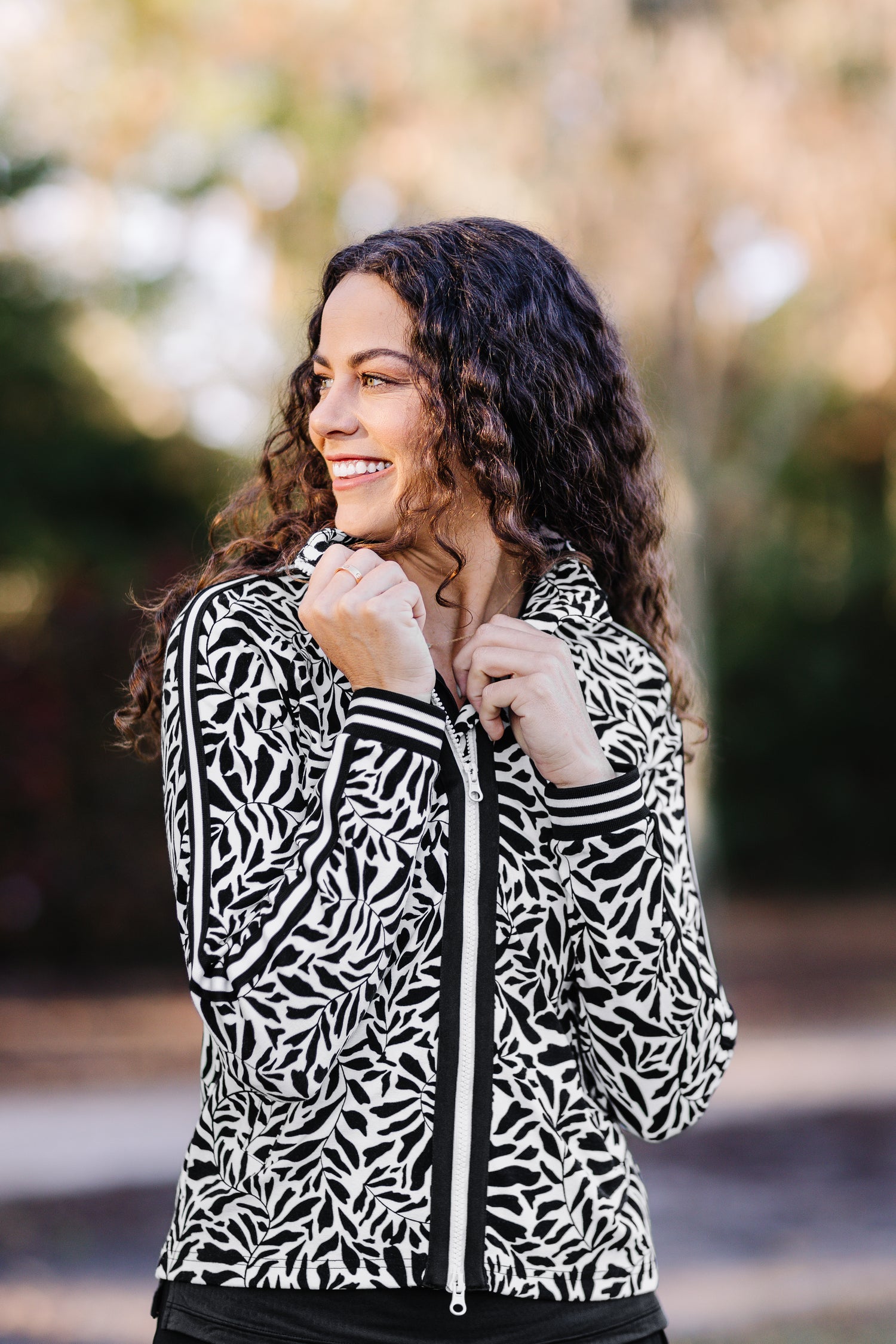Black & White Climbing Vine Full Zip Track Jacket w/Striped Trim - [Kastel]