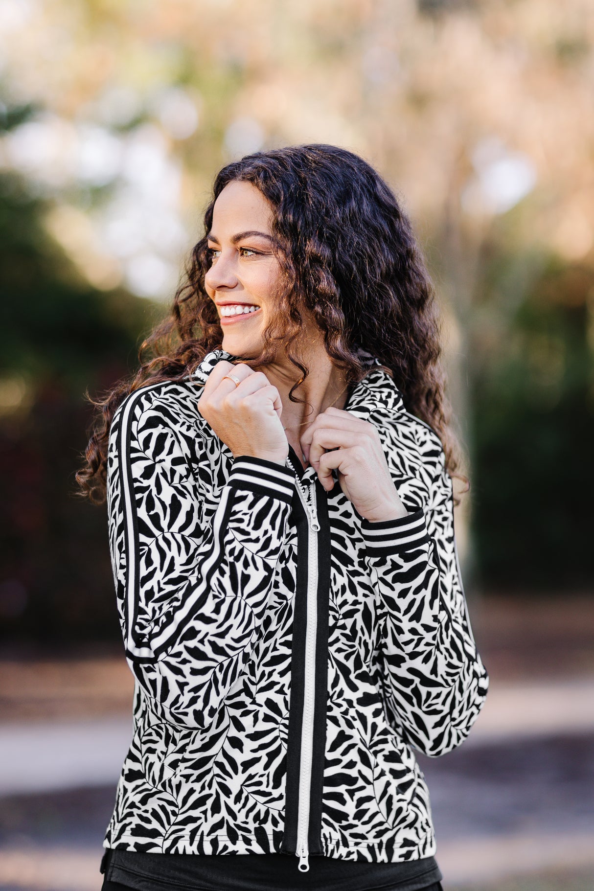 Black & White Climbing Vine Full Zip Track Jacket w/Striped Trim - [Kastel]