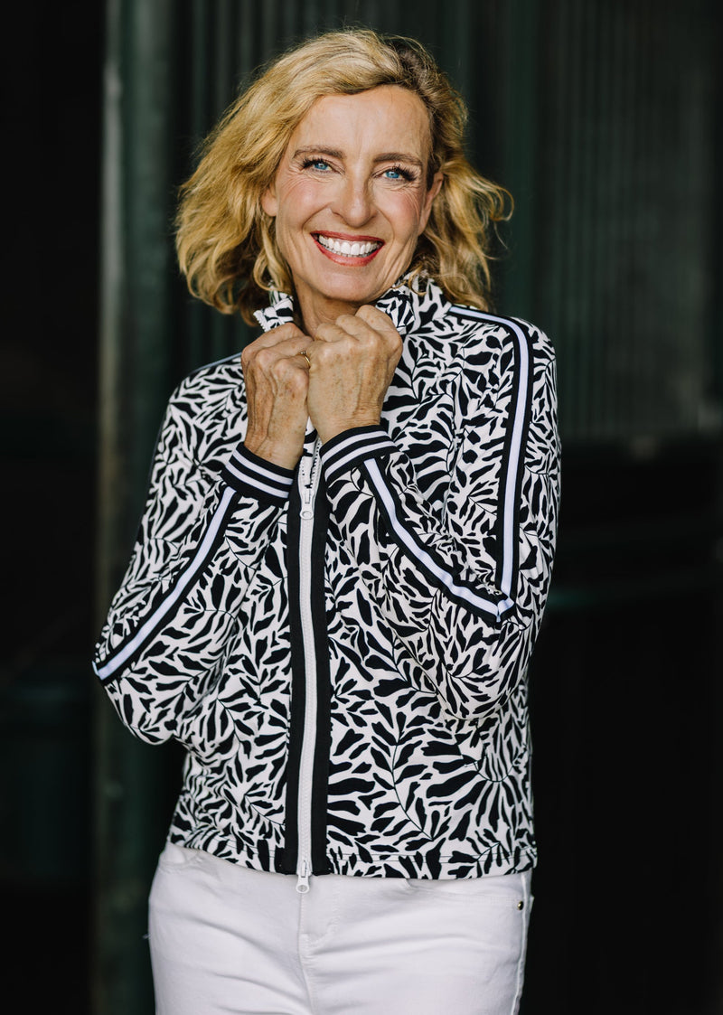 Black & White Climbing Vine Full Zip Track Jacket w/Striped Trim